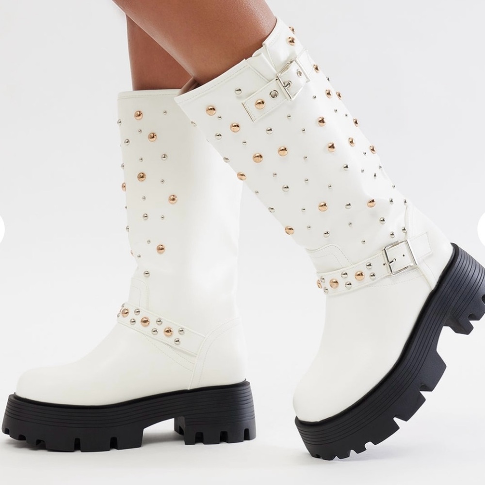 NEW WITH BOX Fashion Nova Studded White Women's Boots in Size 8